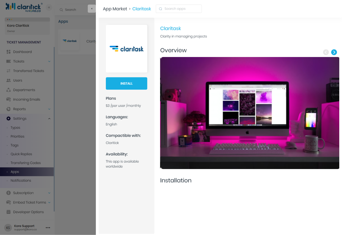 Claritick's App Market with the Claritask app open: overview, plans and the Install button.