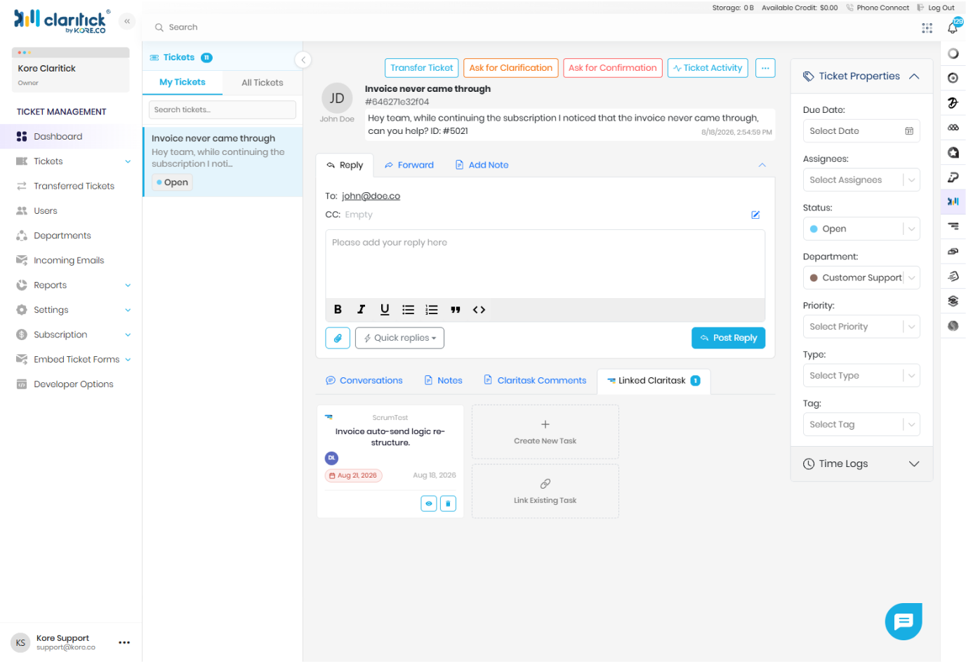 A ticket open in Claritick: the customer's message, the reply box, and the ticket properties panel.