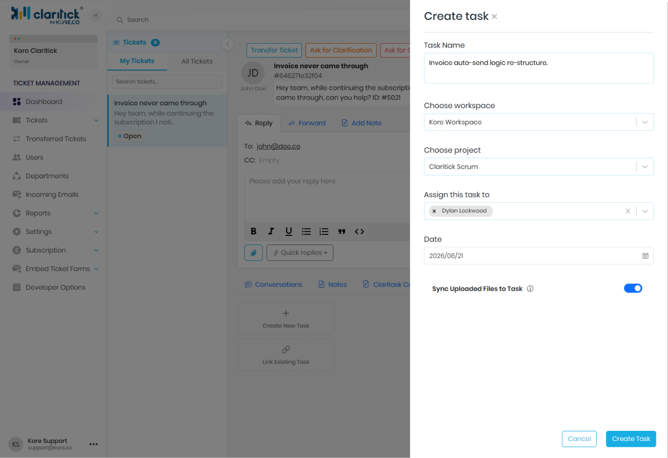 The Create task panel inside a Claritick ticket: task name, workspace, project and assignee.