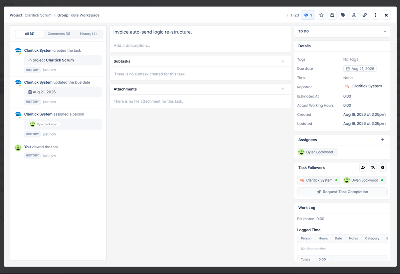 The linked task in Claritask with the Claritick System notes, assignees and followers.