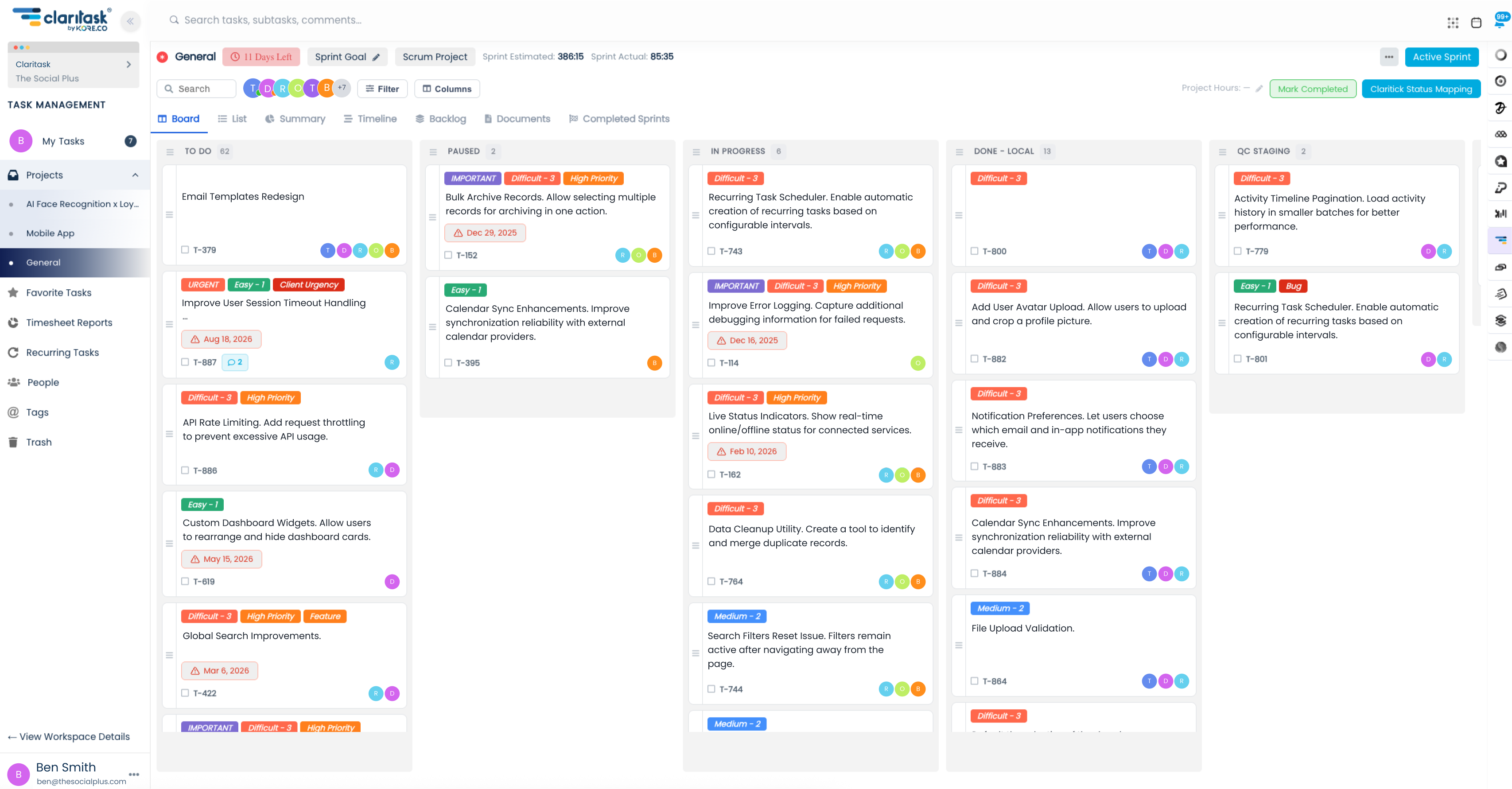 The Claritask board view: To Do, Paused, In Progress, Done and QC Staging columns of a Scrum project, with priority tags, due dates and assignees on every card.