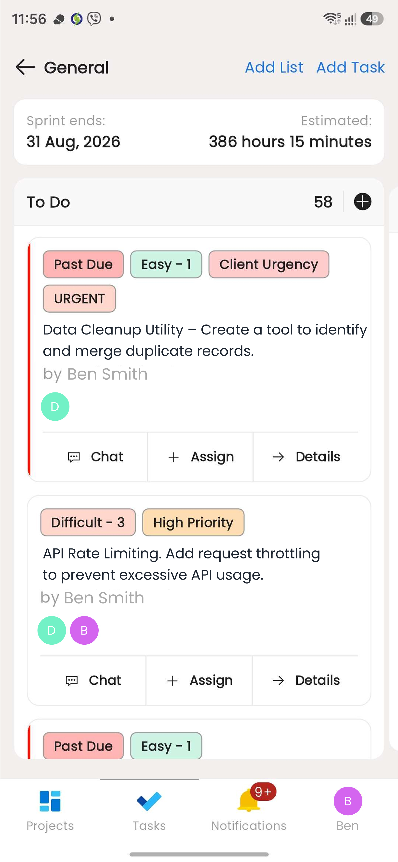 A project board in the Claritask mobile app: the sprint end date and estimate, then the To Do list with tagged cards and Chat, Assign and Details on each.