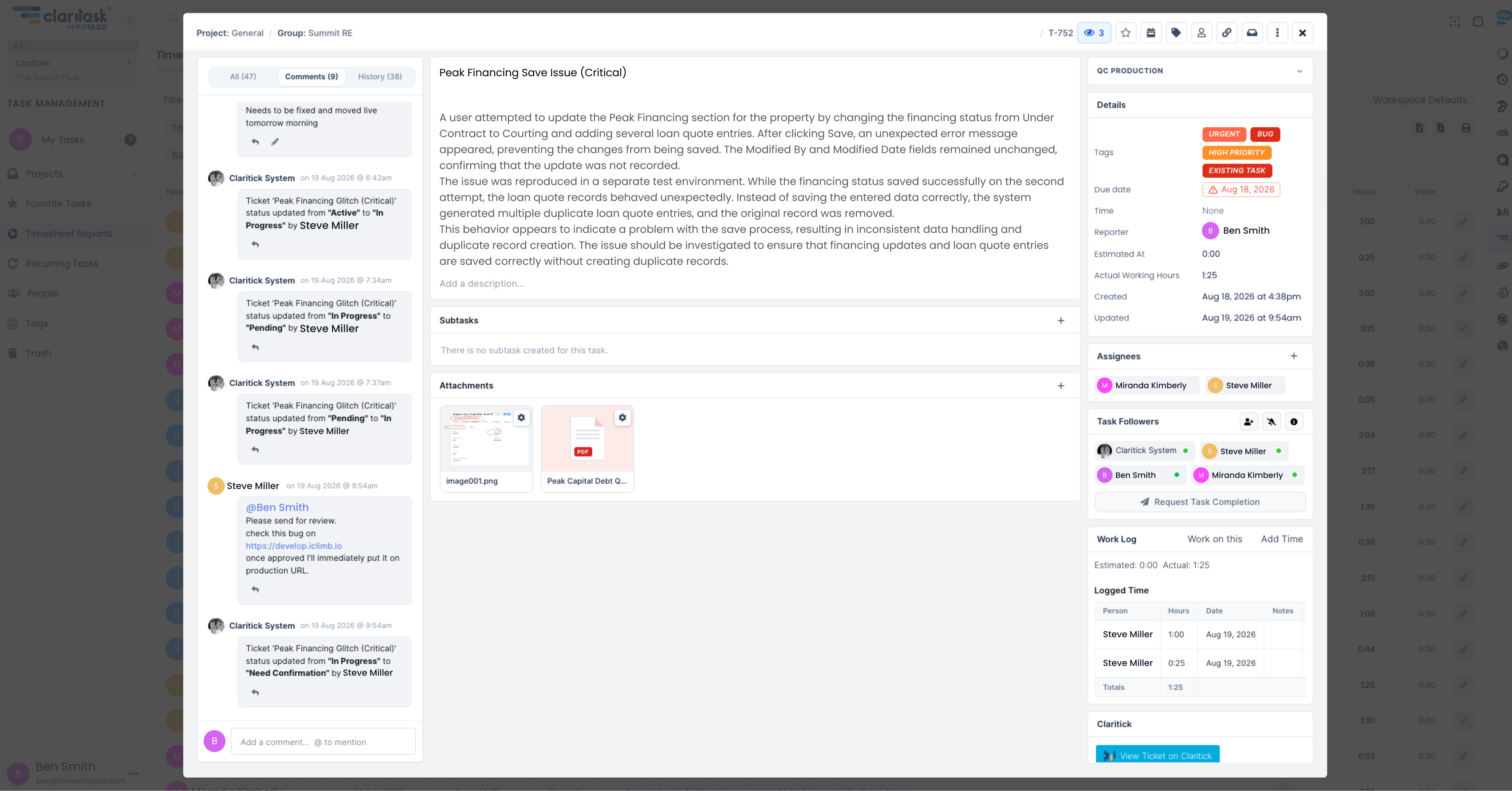 A Claritask task opened: the comment thread with an @mention on the left, description and attachments in the middle, assignees, followers and the work log on the right.