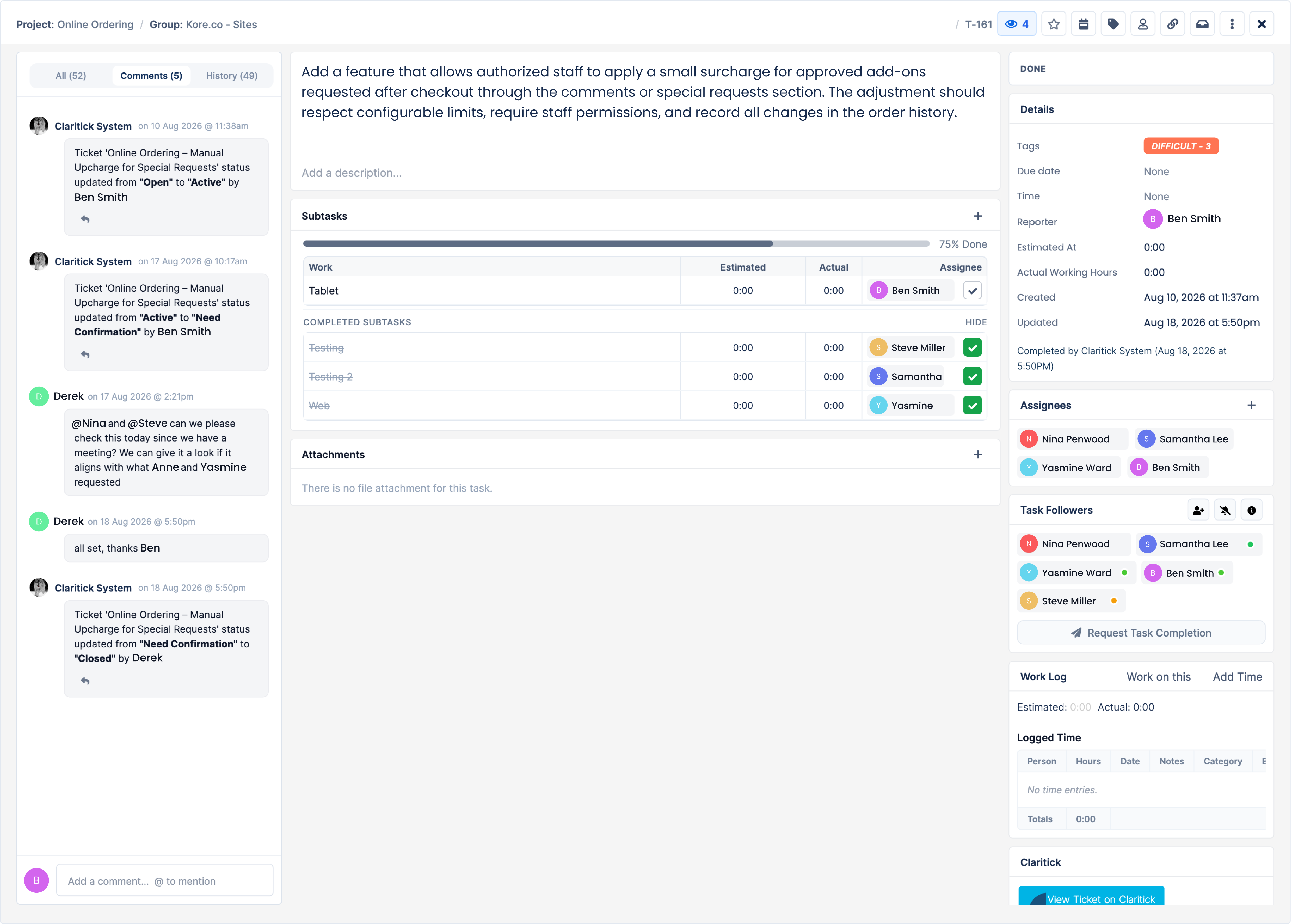 A Claritask task open on its thread: comments from the team and from Claritick, the subtask table at 75% done with estimated and actual hours, and the details, assignees, followers and work log on the right.