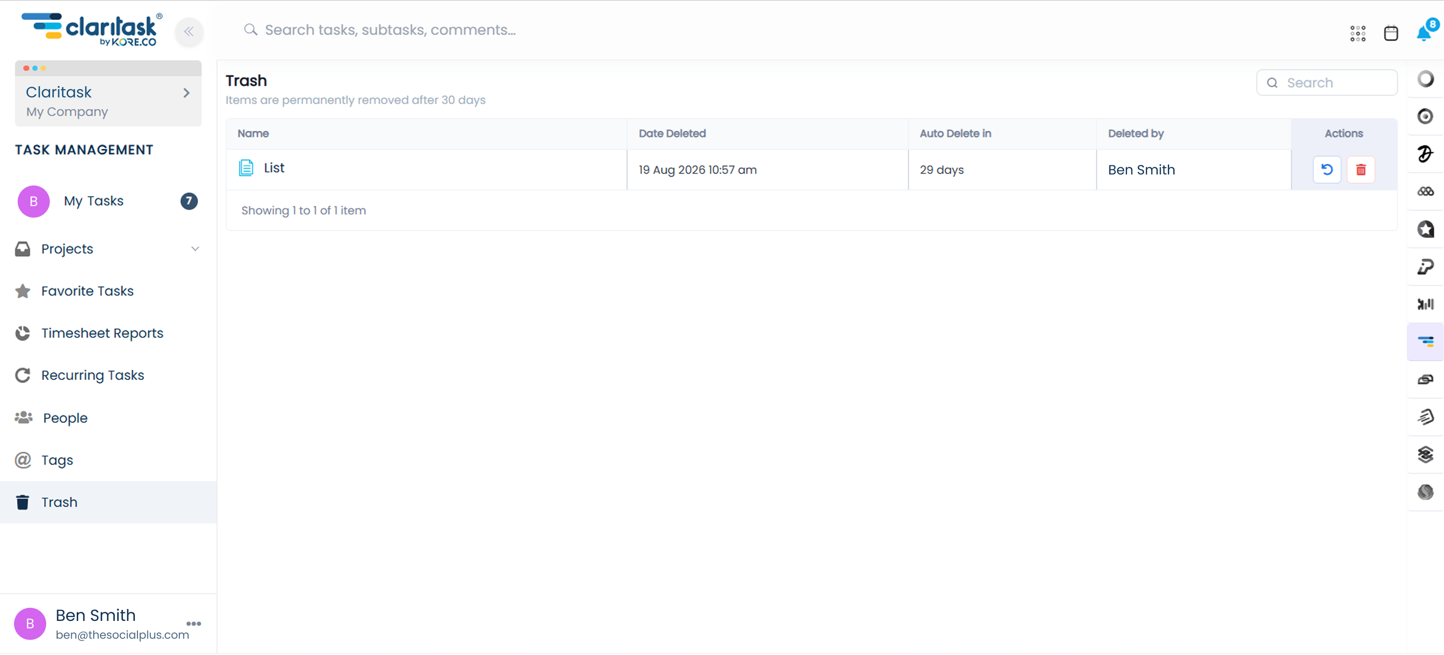 The Claritask Trash screen: what was deleted, when, who deleted it, how long until it is removed, and a restore button.